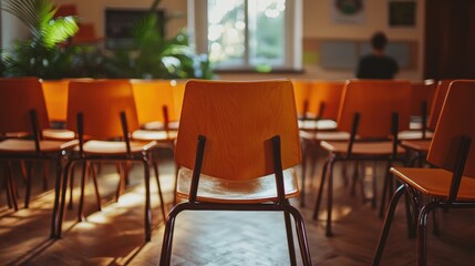 A tidy classroom with chairs arranged, awaiting students, symbolizing readiness, structure, and the welcoming, supportive environment teachers create for learning