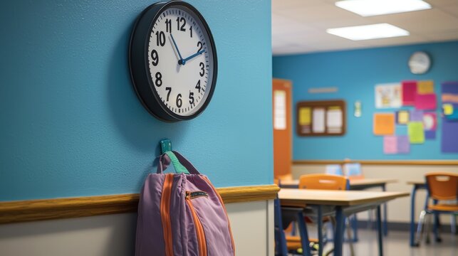 A simple clock on a classroom wall with a teachers bag nearby, symbolizing the dedication, time, and unseen hours that educators invest in supporting student growth