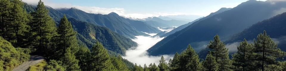 Obraz premium Breathtaking Mountain Landscape with Lush Green Forests and Majestic Peaks Overlooking Serene Valley and Cloud-Covered Sky for Nature Travel Adventure Photography