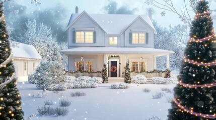 A charming house decorated for Christmas, set against a white background. The festive decorations capture the spirit of the season, with touches of holiday cheer and warmth, 