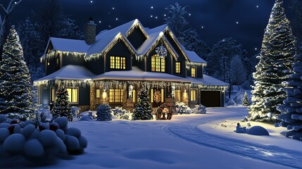 A charming house decorated for Christmas, set against a white background. The festive decorations capture the spirit of the season, with touches of holiday cheer and warmth, 