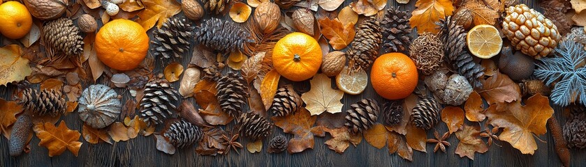 A vibrant arrangement of oranges, pinecones, and dried leaves, creating a visually appealing autumnal display.