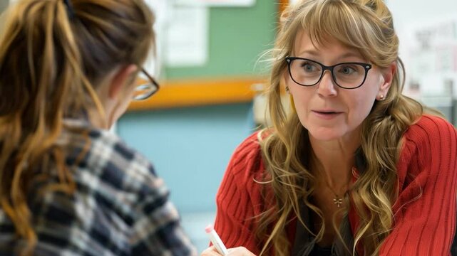 This teacher is engaged in a focused discussion with a student, promoting learning.