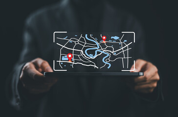 GPS location system. Businesswoman marks location points and search addresses on geolocation map application. Pin destination for travel or finding business places in GPS Satellite coordinates system