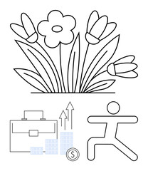 Flowering plants representing natural growth, a business briefcase with rising graphs for career success, financial symbols showing monetary growth, and a yoga pose indicating wellness. Ideal