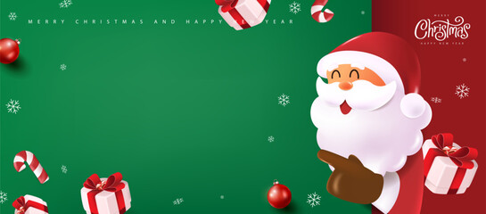 Merry Christmas banner with cute funny Santa Claus pointing to empty space