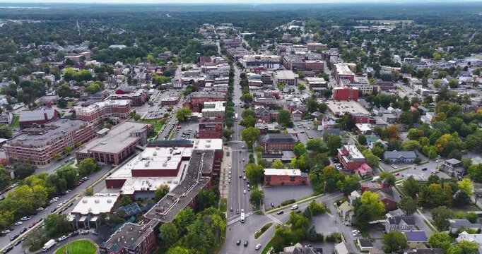 Amazing early afternoon autumn fall aerial, drone, video of Saratoga Springs, New York, USA at 30 fps.  September 2024.