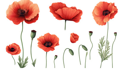 Naklejka premium Collection of Red Poppy Flowers in Various Views on white and transparent background. PNG
