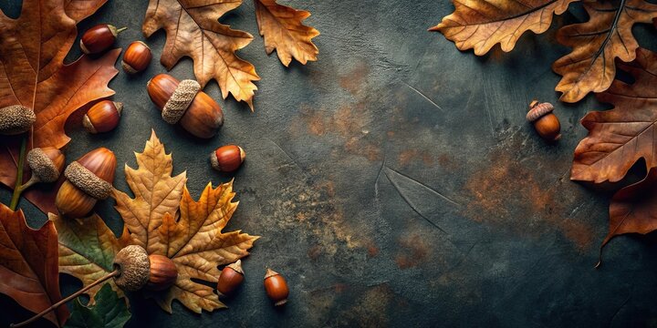Dark and moody autumn background featuring leaves and acorns up close