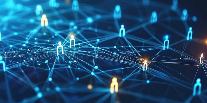 Virtual networking concept with people represented as digital avatars connecting through glowing lines on a techy background.