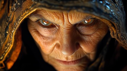 Intense Closeup of Elderly Woman s Face Glowing Eyes Hooded Figure Mysterious Portrait