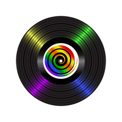 Vinyl record with rainbow spiral design in the middle. Vector isolated on white background.