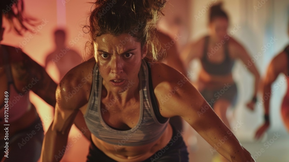 Poster unclear individuals push through the burn in a bootcamp class.