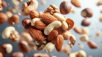 Flying mix of delicious nutritious nuts, almonds, pecans, hazelnuts on a grey backdrop.