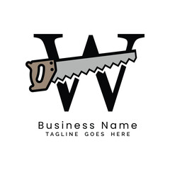 Letter W handsaw logo. Alphabet W woodwork and carpentry icon