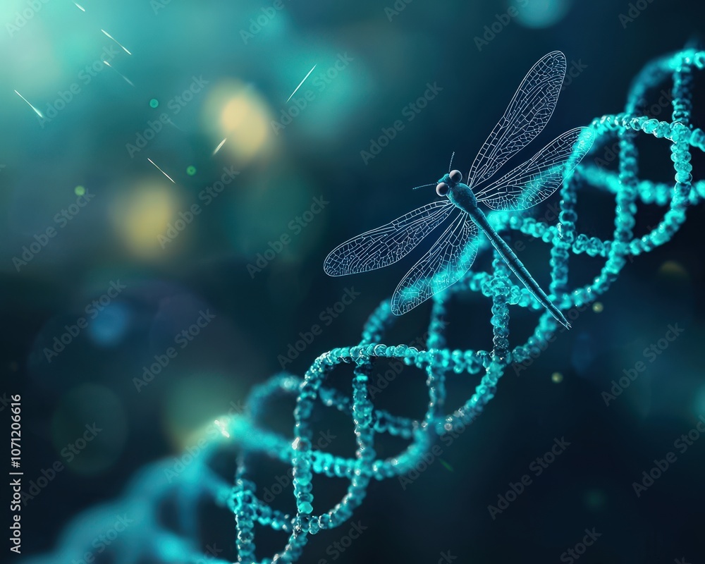 Poster dragonfly and dna pattern backdrop, symbolizing genetic complexity