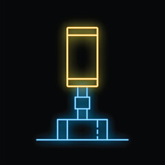 Glowing neon sign depicting smartphone on stand with blank screen for your text on black background