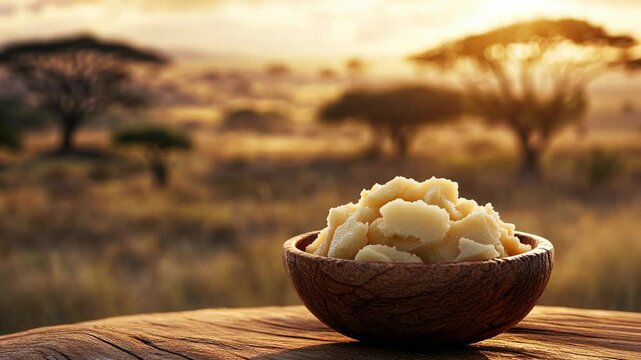 A bowl of shea butter sits on a wooden table in front of a savanna sunset