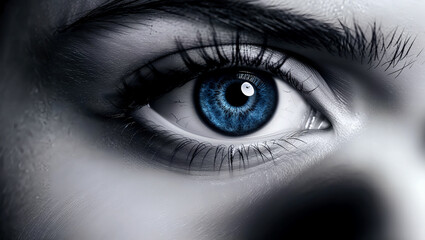 Fototapeta premium 青い瞳の鮮やかな色合いと細部まで表現されたクローズアップが注目を集める構図。生成AI