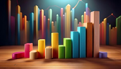 Obraz premium Business performance is visualized on a wooden surface using colorful bar charts