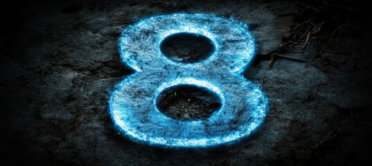 Blue, Glowing, Neon Number Eight On A Textured, Dark Concrete Wall With Illuminated Edges