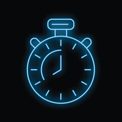 Glowing blue neon stopwatch measuring time passing by on black background