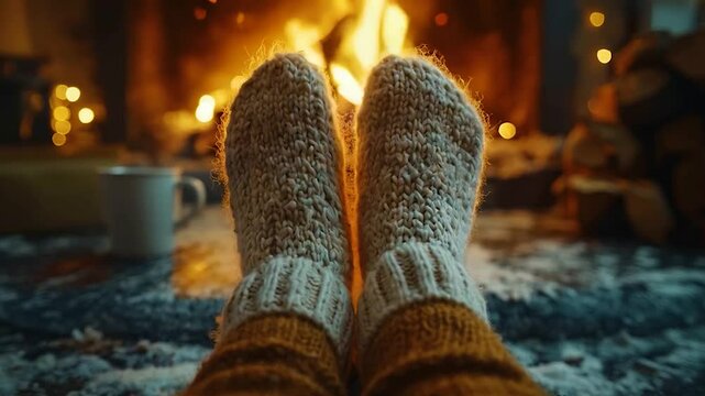 WOman wear knitted sock and warming her feet near the firesplace