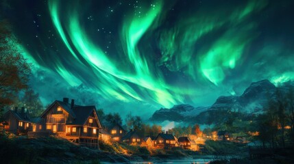 Fototapeta premium Aurora's Embrace: Nordic Village Serenity