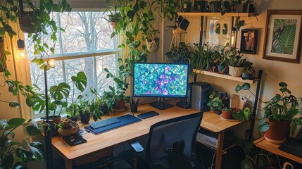 Fototapeta premium Cozy Home Office with Indoor Plants and Natural Light