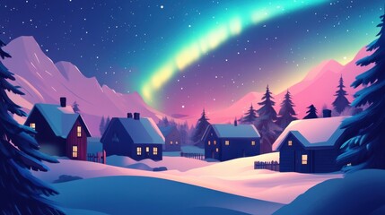 Fototapeta premium Aurora's Embrace: Nordic Village Serenity