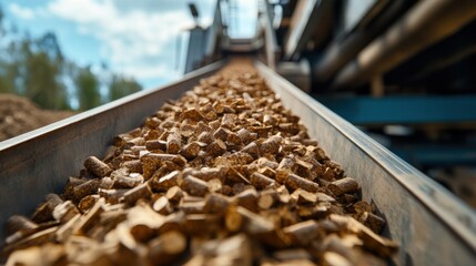 Conveyor belt in industrial factory setting with bulk production materials