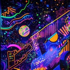 Cosmic Neon Glow: Abstract art explodes with vibrant neon colors against a black canvas, creating a mesmerizing and psychedelic visual journey through the cosmos.  