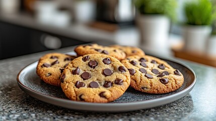 A plate of freshly baked chocolate chip cookies, a classic treat.