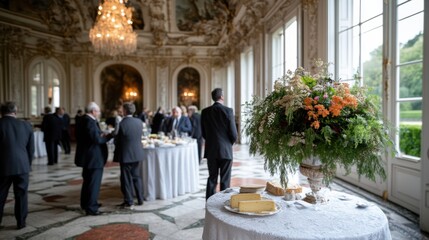 Elegant gathering in a grand chateau featuring cheese tasting and floral arrangements