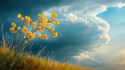 Golden rapeseed flowers under dramatic storm clouds