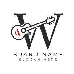 Initial Letter W Guitar icon with Line Art Style for Chord. Alphabet W with Musical instrument logo design