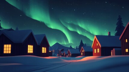 Fototapeta premium Aurora's Embrace: Nordic Village Serenity