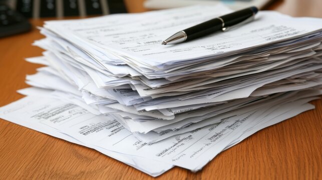 Financial document organization: stack of balance sheets and profit loss statements for business analysis