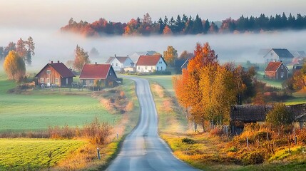 Obraz premium Foggy countryside road leading to a quaint village, distant houses and trees fading into mist, calm and peaceful rural scene