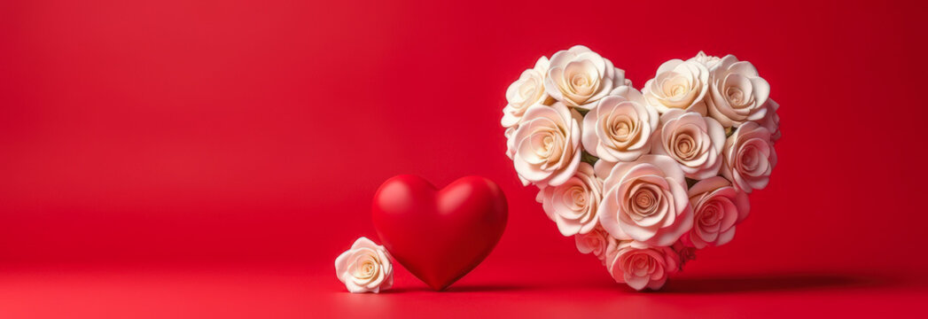 two red hearts on a red background with white roses, Valentine's Day holiday