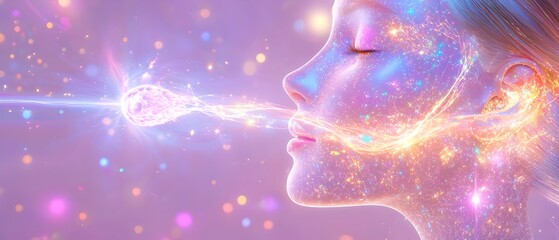 A woman's face is shown with a glowing light surrounding her