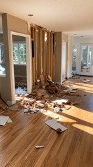 Home renovation chaos: mid-construction mess in a sunlit living room