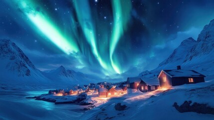 Fototapeta premium Aurora's Embrace: Nordic Village Serenity