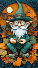 whimsical gnome with glasses sits on bench, crafting magical jewelry surrounded by autumn leaves. scene is vibrant and enchanting, evoking sense of wonder