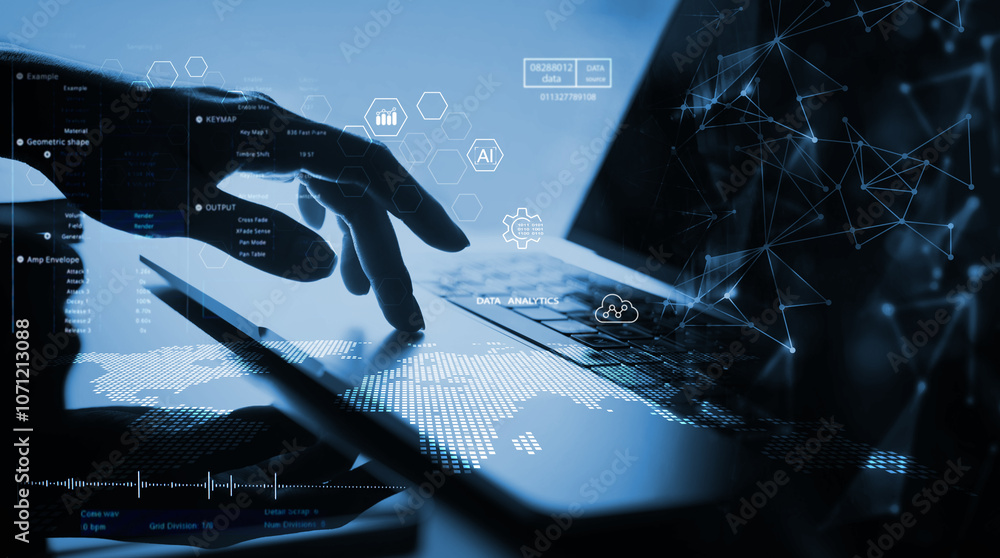 Poster digital technology, internet global network connection, data science and engineering, cloud computin