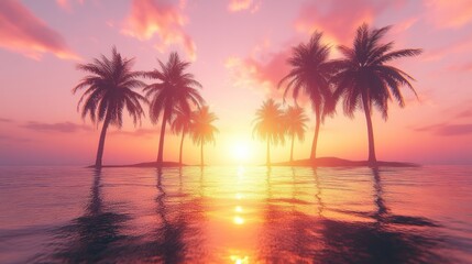 Obraz premium A row of palm trees stand silhouetted against a vibrant sunset on a small island.