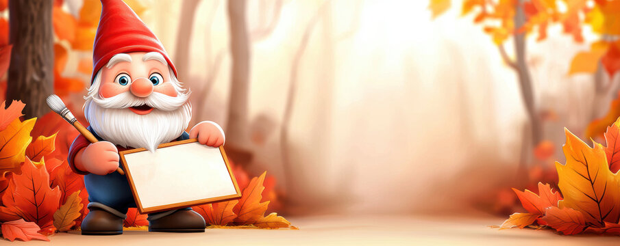 jovial gnome holds blank sign amidst vibrant autumn leaves in serene forest. warm colors and cheerful expression create delightful atmosphere