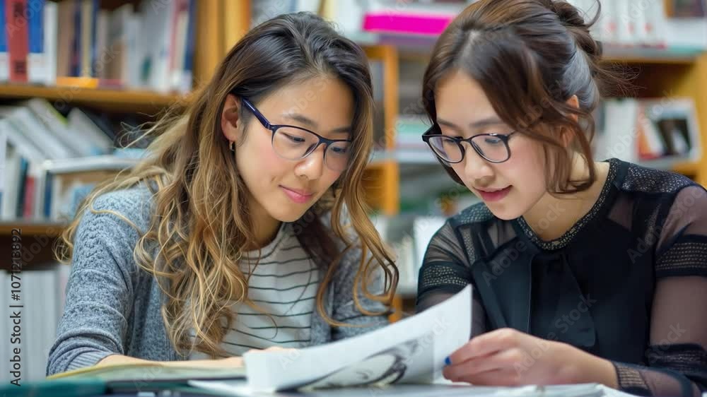 Poster this students analyze artwork together, focusing intently in a cozy library setting filled with book