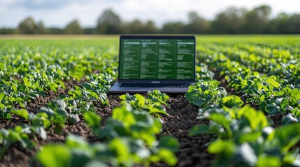 Agricultural Data Analysis on Laptop in Green Field