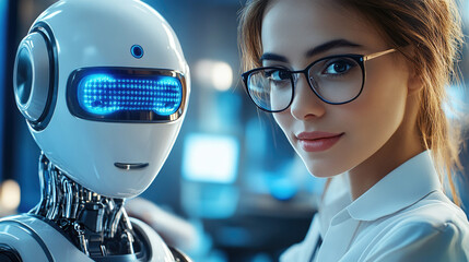 Women and robots are communicating, the concept of artificial intelligence
